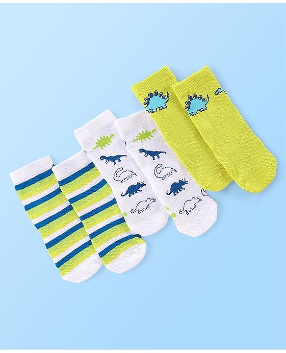 Cute Walk by Babyhug Anti Bacterial Ankle Length Socks Striped & Dino Design Pack of 3 - Multicolour