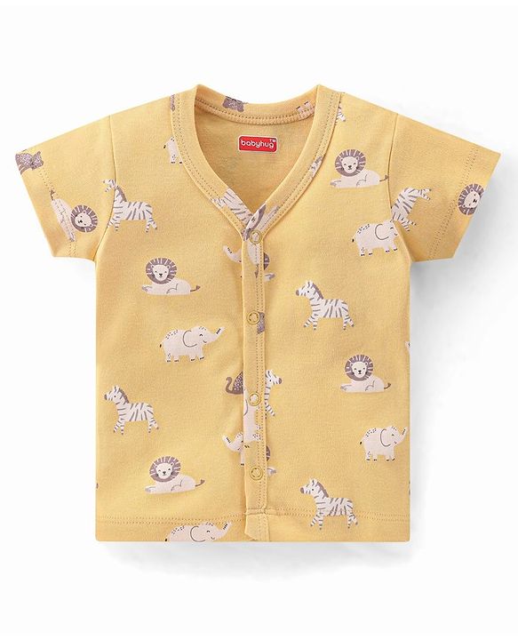 Babyhug 100% Cotton Knit Half Sleeves T-Shirt & Shorts With Animals Print - Yellow
