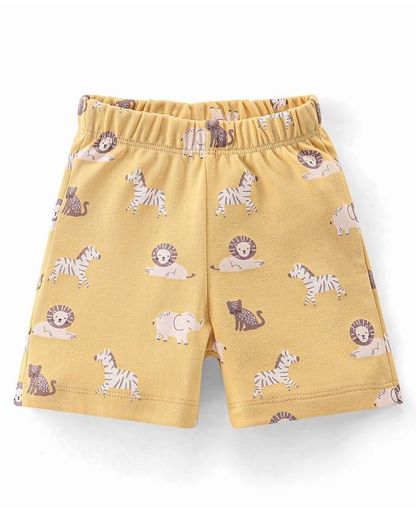 Babyhug 100% Cotton Knit Half Sleeves T-Shirt & Shorts With Animals Print - Yellow