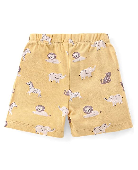 Babyhug 100% Cotton Knit Half Sleeves T-Shirt & Shorts With Animals Print - Yellow