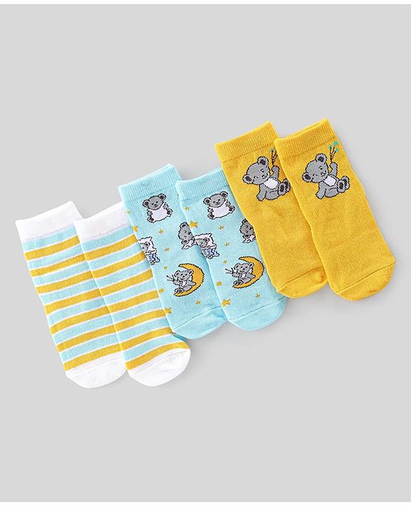 Cute Walk by Babyhug Anti Bacterial Ankle Length Socks with Striped & Teddy Bear Design - Blue Yellow & White