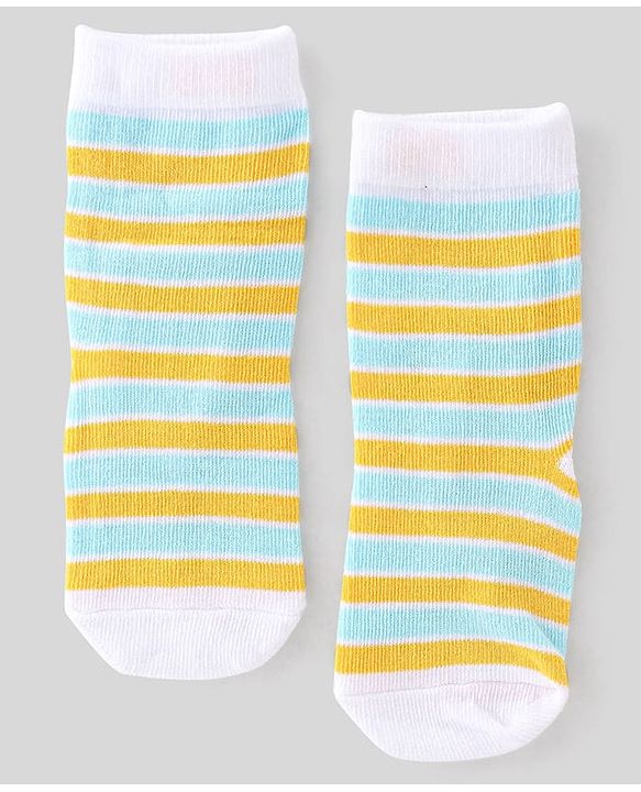 Cute Walk by Babyhug Anti Bacterial Ankle Length Socks with Striped & Teddy Bear Design - Blue Yellow & White