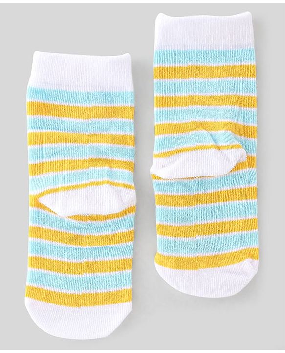 Cute Walk by Babyhug Anti Bacterial Ankle Length Socks with Striped & Teddy Bear Design - Blue Yellow & White