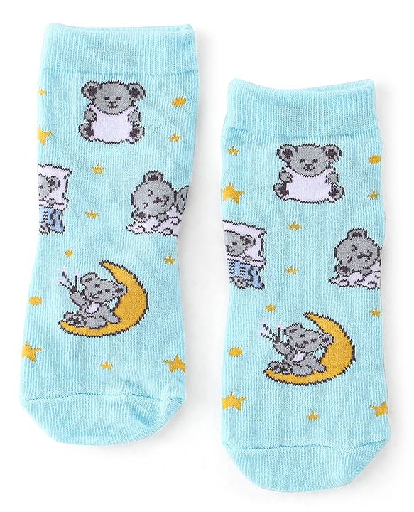 Cute Walk by Babyhug Anti Bacterial Ankle Length Socks with Striped & Teddy Bear Design - Blue Yellow & White