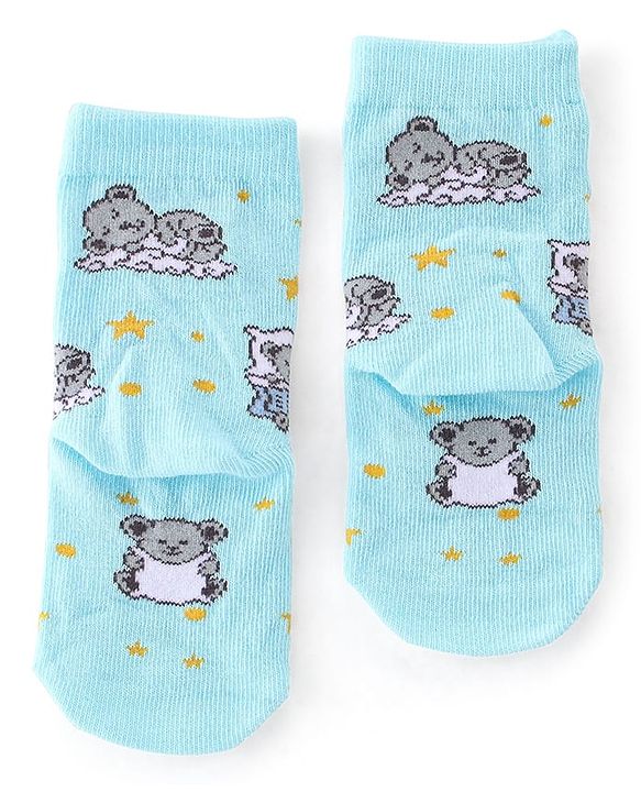 Cute Walk by Babyhug Anti Bacterial Ankle Length Socks with Striped & Teddy Bear Design - Blue Yellow & White