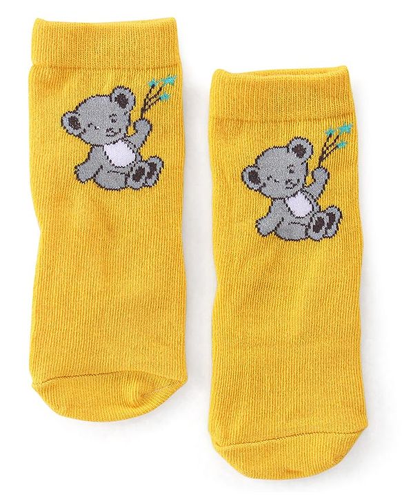 Cute Walk by Babyhug Anti Bacterial Ankle Length Socks with Striped & Teddy Bear Design - Blue Yellow & White