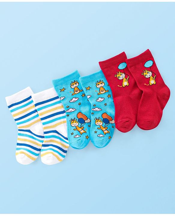 Cute Walk by Babyhug Anti Bacterial Ankle Length Socks Giraffe Design Pack Of 3 - Multicolour