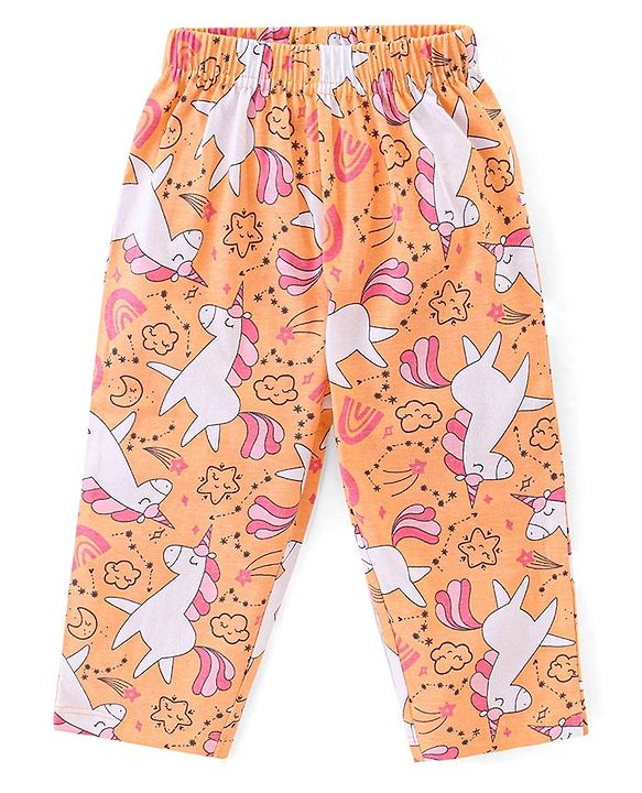 Babyhug Cotton Knit Half Sleeves Night Suit With Unicorn Print - Orange