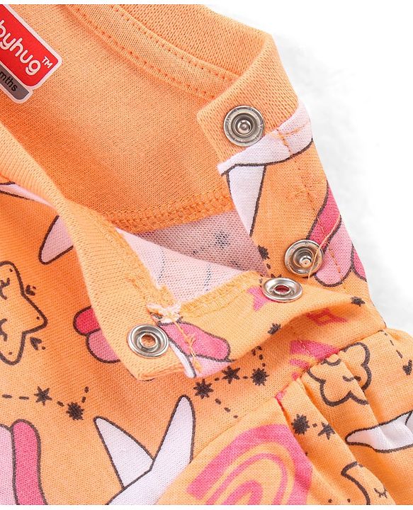 Babyhug Cotton Knit Half Sleeves Night Suit With Unicorn Print - Orange