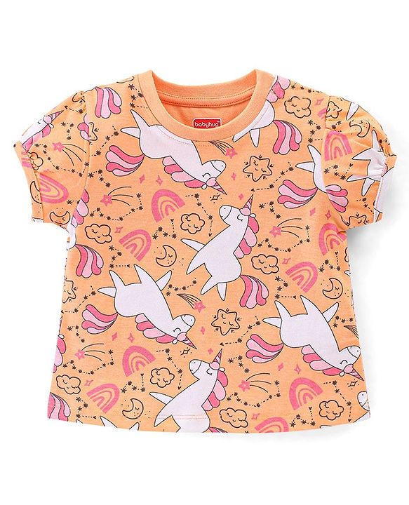 Babyhug Cotton Knit Half Sleeves Night Suit With Unicorn Print - Orange