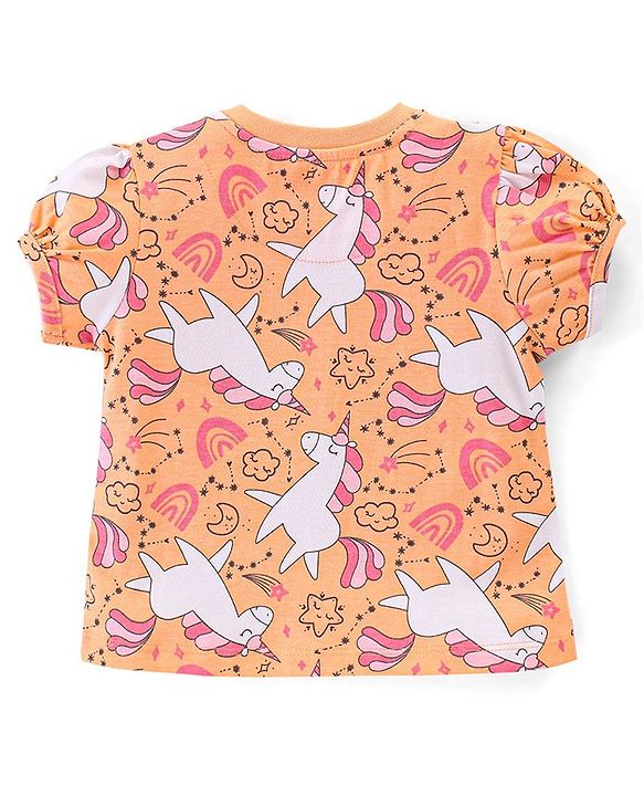 Babyhug Cotton Knit Half Sleeves Night Suit With Unicorn Print - Orange