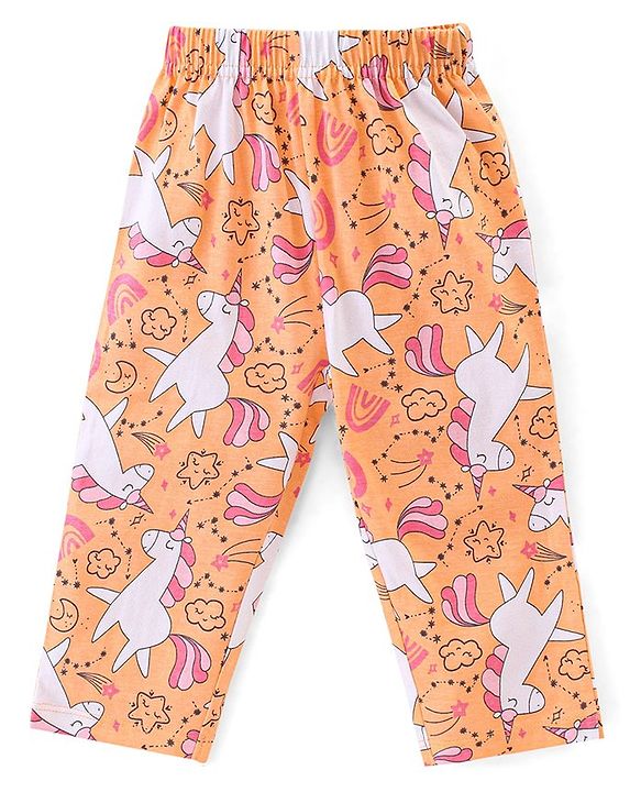 Babyhug Cotton Knit Half Sleeves Night Suit With Unicorn Print - Orange