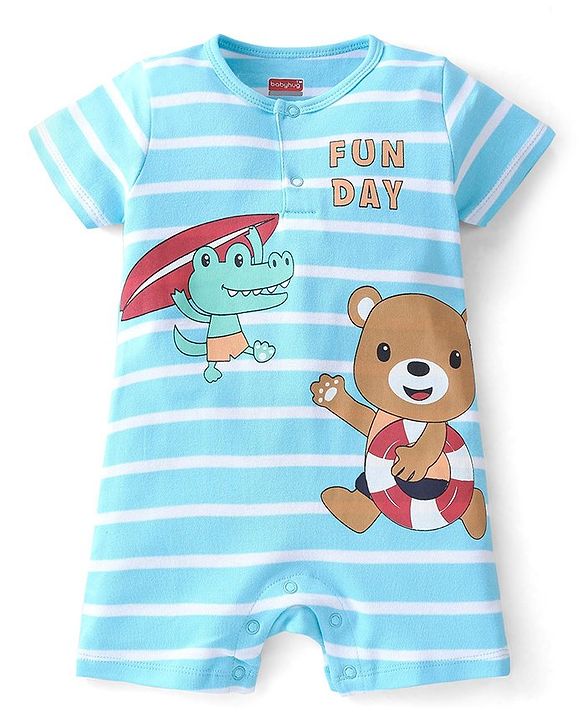 Babyhug 100% Cotton Knit Interlock Half Sleeves Romper with Striped & Animals Print - Blue