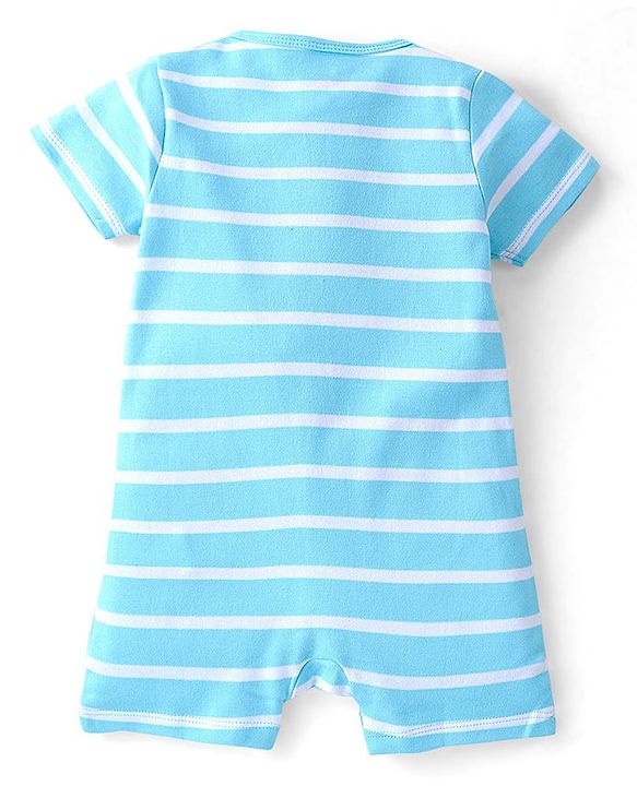 Babyhug 100% Cotton Knit Interlock Half Sleeves Romper with Striped & Animals Print - Blue