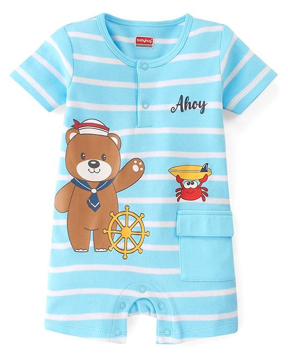Babyhug 100% Cotton Knit Half Sleeves Romper with Bear Print - Blue