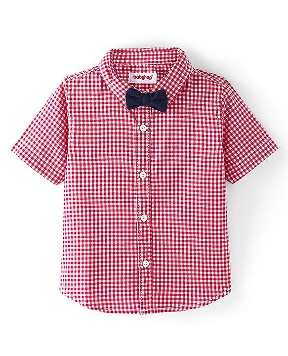 Babyhug 100% Cotton Woven Half Sleeve Regular Collar Checks Shirt with Bow Applique - Red