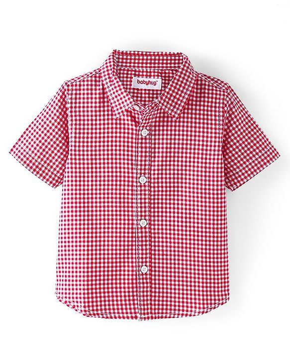 Babyhug 100% Cotton Woven Half Sleeve Regular Collar Checks Shirt with Bow Applique - Red