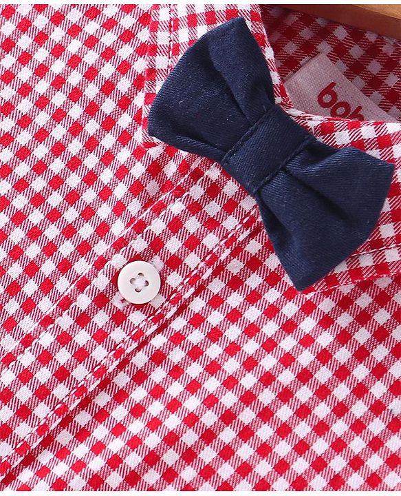 Babyhug 100% Cotton Woven Half Sleeve Regular Collar Checks Shirt with Bow Applique - Red