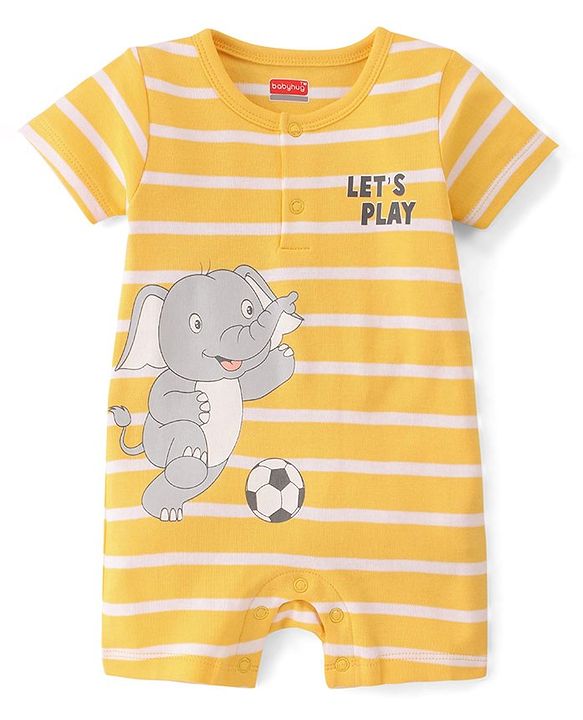 Babyhug 100% Cotton Knit Half Sleeves Romper with Elephant Print - Yellow