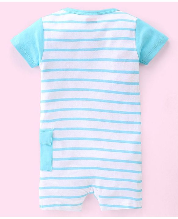 Babyhug 100% Cotton Knit Half Sleeves Striped Romper with Lion Print - Blue