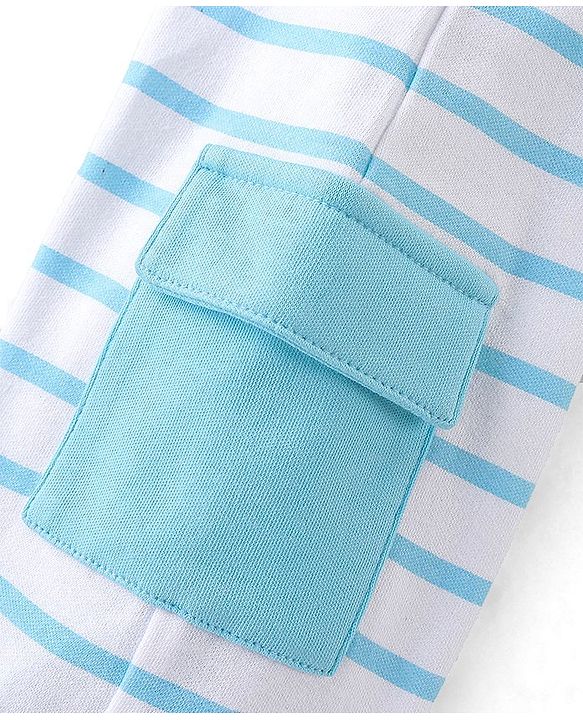 Babyhug 100% Cotton Knit Half Sleeves Striped Romper with Lion Print - Blue