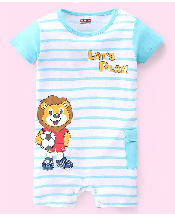 Babyhug 100% Cotton Knit Half Sleeves Striped Romper with Lion Print - Blue