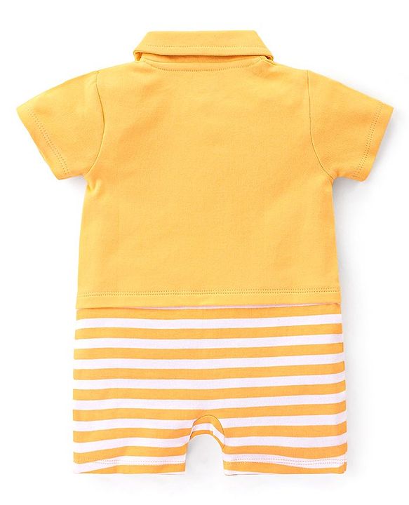 Babyhug 100% Cotton Knit Half Sleeves Romper With Striped Print - Yellow