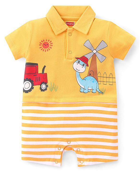 Babyhug 100% Cotton Knit Half Sleeves Romper With Striped Print - Yellow