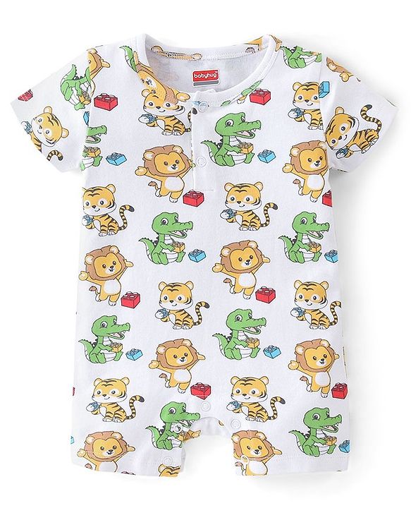 Babyhug 100% Cotton Half Sleeves Romper With Animals Print Pack Of 2 - Blue & White