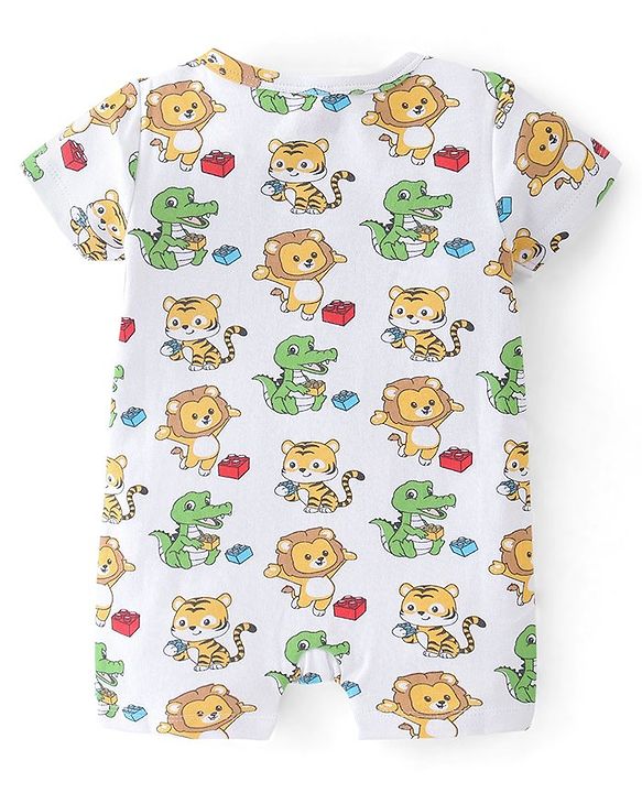 Babyhug 100% Cotton Half Sleeves Romper With Animals Print Pack Of 2 - Blue & White