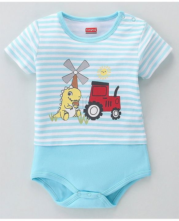Babyhug 100% Cotton Knit Half Sleeves Onesie Dino Print - Blue