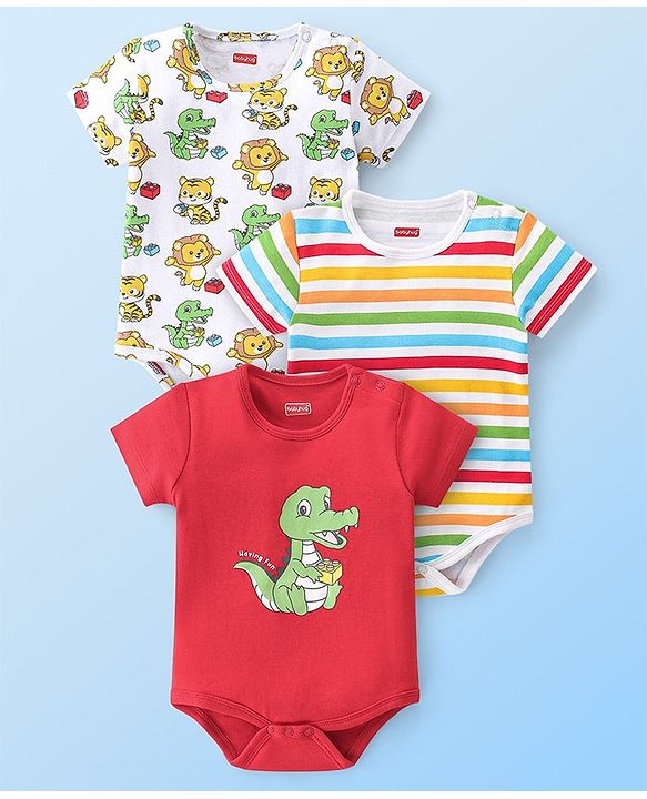 Babyhug 100% Cotton Knit Half Sleeves Onesies Striped & Crocodile Print Pack of 3  - Multicolour