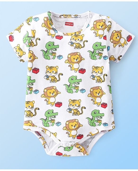 Babyhug 100% Cotton Knit Half Sleeves Onesies Striped & Crocodile Print Pack of 3  - Multicolour