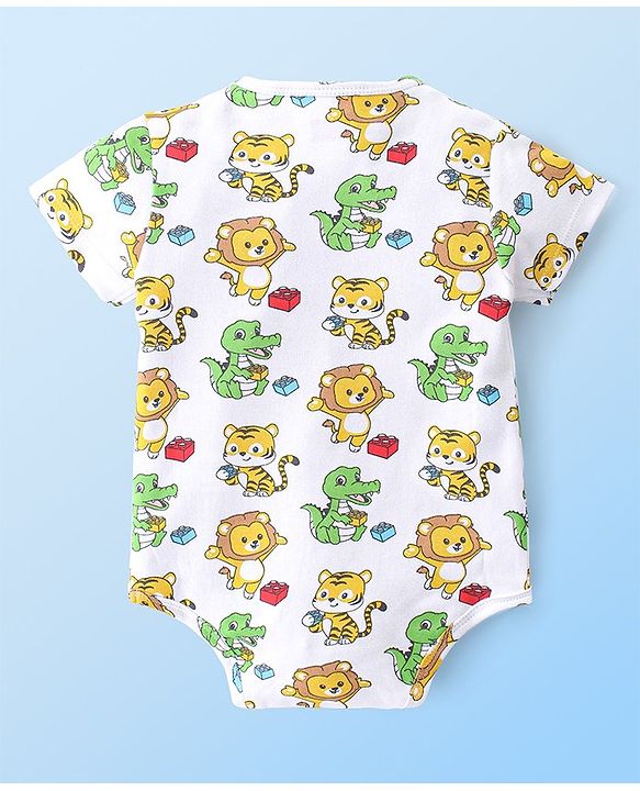 Babyhug 100% Cotton Knit Half Sleeves Onesies Striped & Crocodile Print Pack of 3  - Multicolour