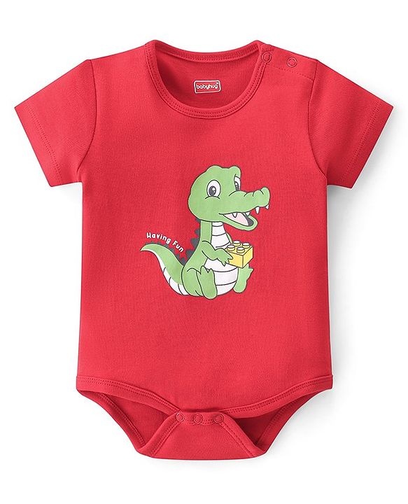 Babyhug 100% Cotton Knit Half Sleeves Onesies Striped & Crocodile Print Pack of 3  - Multicolour