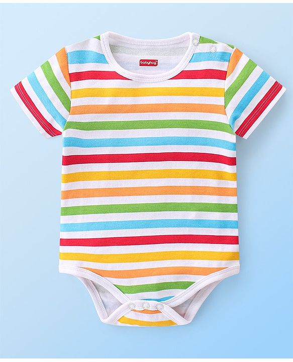 Babyhug 100% Cotton Knit Half Sleeves Onesies Striped & Crocodile Print Pack of 3  - Multicolour