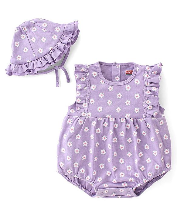 Babyhug 100% Cotton Knit Frill Sleeves Striped Onesie with Cap Floral Print - Lavendor