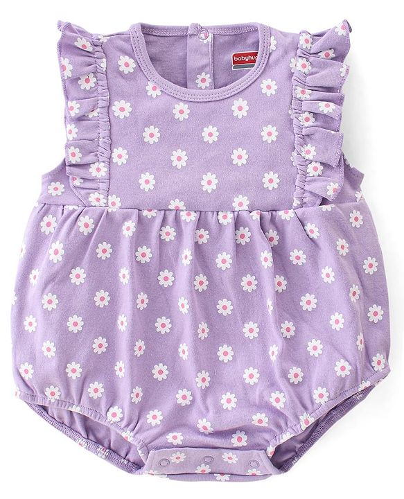 Babyhug 100% Cotton Knit Frill Sleeves Striped Onesie with Cap Floral Print - Lavendor