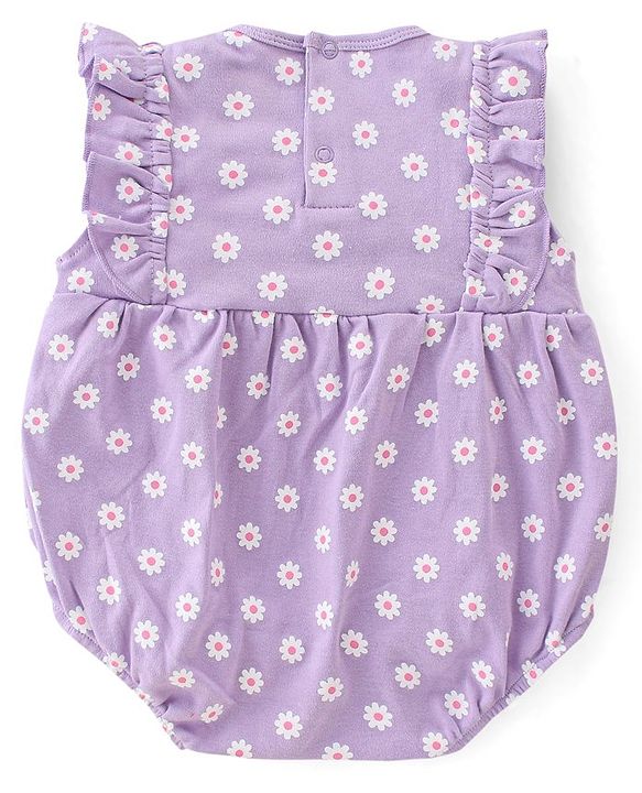 Babyhug 100% Cotton Knit Frill Sleeves Striped Onesie with Cap Floral Print - Lavendor