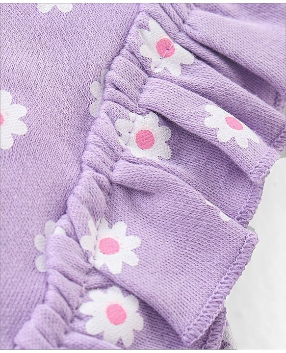 Babyhug 100% Cotton Knit Frill Sleeves Striped Onesie with Cap Floral Print - Lavendor