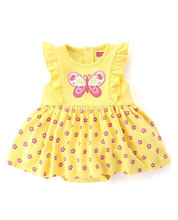 Babyhug 100% Cotton Knit Sleeveless Floral Printed Frock Style Onesie with Cap & Butterfly Patch - Yellow