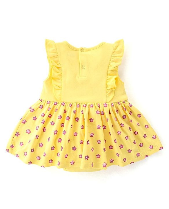 Babyhug 100% Cotton Knit Sleeveless Floral Printed Frock Style Onesie with Cap & Butterfly Patch - Yellow