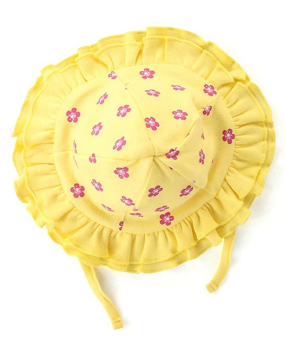 Babyhug 100% Cotton Knit Sleeveless Floral Printed Frock Style Onesie with Cap & Butterfly Patch - Yellow