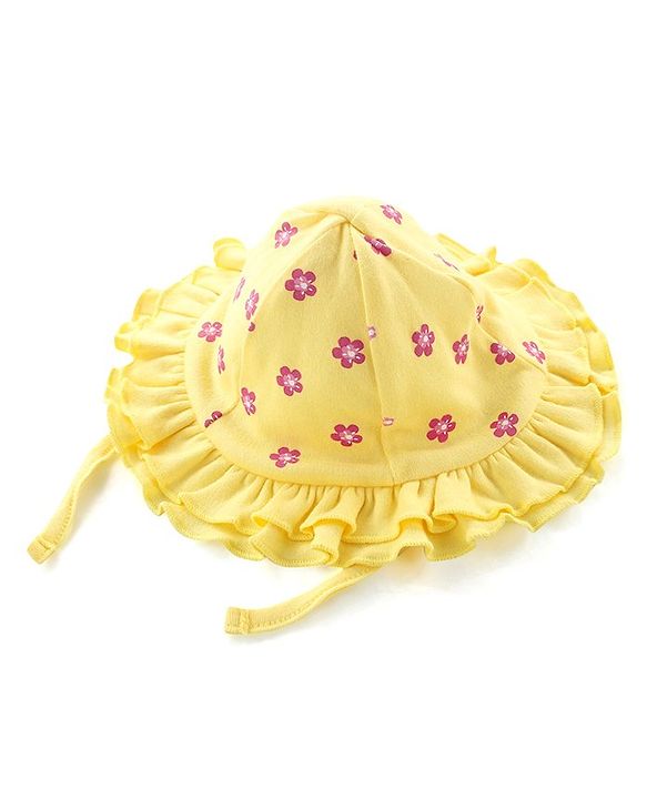 Babyhug 100% Cotton Knit Sleeveless Floral Printed Frock Style Onesie with Cap & Butterfly Patch - Yellow