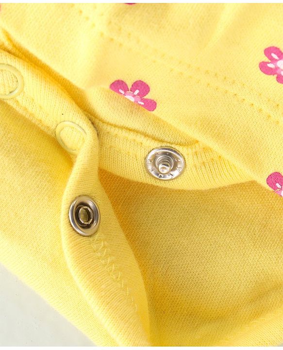 Babyhug 100% Cotton Knit Sleeveless Floral Printed Frock Style Onesie with Cap & Butterfly Patch - Yellow