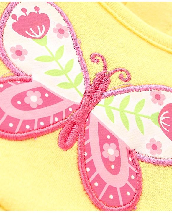 Babyhug 100% Cotton Knit Sleeveless Floral Printed Frock Style Onesie with Cap & Butterfly Patch - Yellow