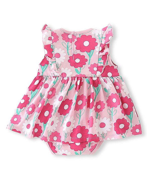 Babyhug 100% Cotton Knit Sleeveless Floral Printed Frock Style Onesie - Pink