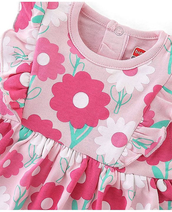 Babyhug 100% Cotton Knit Sleeveless Floral Printed Frock Style Onesie - Pink