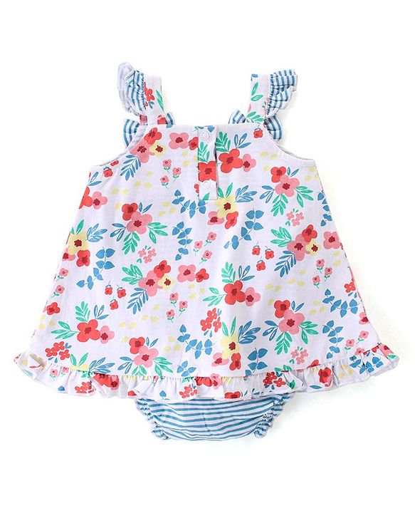 Babyhug 100% Cotton Knit Sleeveless Frock Style Onesie With Floral Print - Multicolour