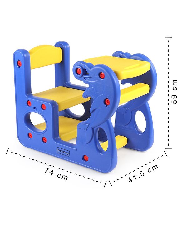 Babyhug Single Seater Dolphin Study Desk For Nursery with Under Seat Storage Easy Assembly - Blue & Yellow